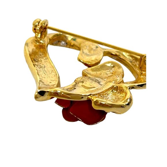 Heart Brooch Pin Gold Tone Red Ceramic Rose Clear Rhinestones Shiny Roll Tab Arm - Picture 12 of 13